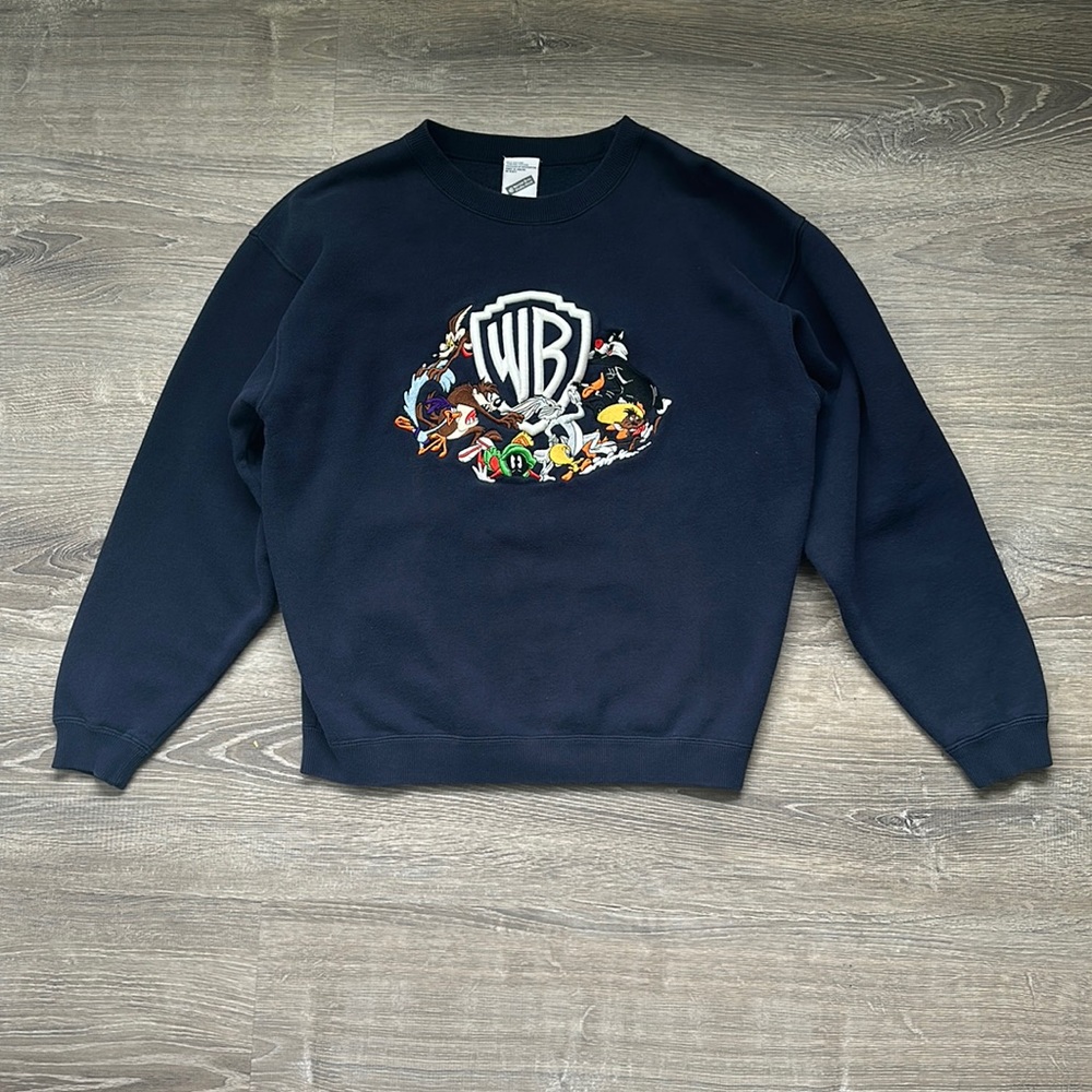 VINTAGE 1998 WARNER BROS LOONEY TUNES Deluxe Navy Embroidered Pullover Sweater